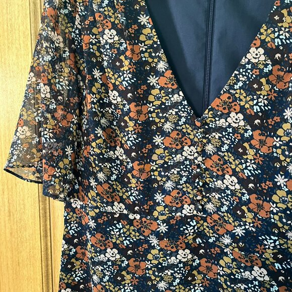Madewell | Orchard Floral Flutter Sleeve Mini Dress | Navy, Brown, Size 14 - Picture 10 of 10